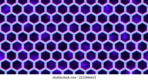 Purple And Blue Neon Honey Comb Seamless Pattern. Glowing Blacklight. Futuristic Led Frames Abstract Background. Night Party Energy Backdrop. Mobile Screens Motion