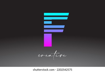 Líneas de Neón Azul Morado Letra F Diseño de Logotipo con Líneas Creativas Cortadas en la mitad de la letra en Vector de Colores Negros y Blancos.