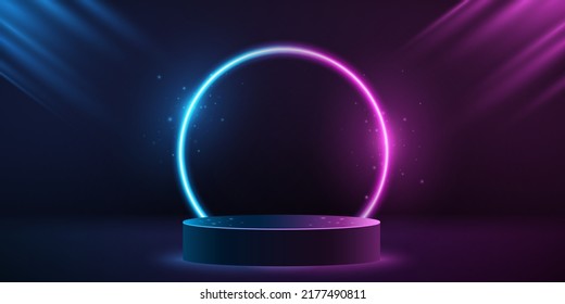 Purple and blue neon scene with glowing and sparkling neon frame. 3d podium to display your brand. Pedestal for your mockup. Abstract background. Vector illustration. EPS 10