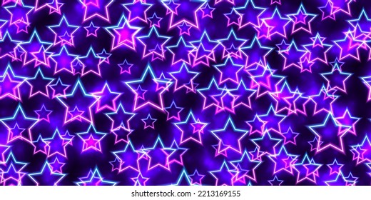 Purple And Blue Neon Stars Seamless Pattern. Glowing Blacklight. Floating Uturistic Led Frames Abstract Background. Night Party Energy Backdrop. Mobile Screens Motion