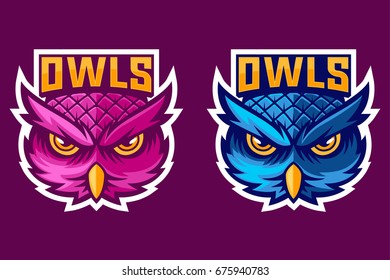 purple and blue owl head mascot logo