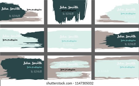 Purple, Blue Paint Shop Business Cards Template. Artistic Corporate Identity Colorful Design. Trendy Grungy Business Cards Template Collection. Retro Hipster Banners, Ads Horizontal Cool Prints