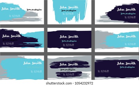 Purple, Blue Painted Artist Business Cards Template. Oil Paint Corporate Identity Texture Design. Graffiti Business Cards, Grunge Poster Template. Retro Hipster Banners, Ads Horizontal Cool Prints