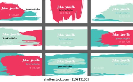 Purple, Blue Painted Artist Business Cards Template. Vector Artistic Corporate Identity Texture. Trendy Grungy Business Cards Template Collection. Future Hipster Banner, Ads Horizontal Cool Prints