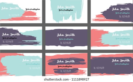 Purple, Blue Painted Artist Business Cards Template. Vector Artistic Corporate Identity Texture. Brushstroke Smears Business Cards Template Set. Painted Hipster Banners, Ads Background Cool Set.