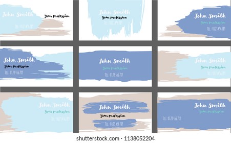 Purple, Blue Painted Artist Business Cards Template. Funky Corporate Identity Textured Design. Brushstroke Smears Business Cards Template Set. Retro Hipster Banners, Ads Horizontal Cool Prints