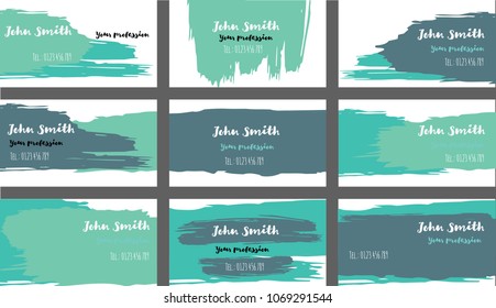 Purple, Blue Painted Elegant Business Cards Template. Vector Corporate Identity Texture Design. Brushstroke Smears Business Cards Template Set. Modern Hipster Banner, Ads Horizontal Cool Prints