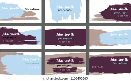 Purple, Blue Painted Vector Business Cards Template. Artistic Corporate Identity Colorful Design. Brushstroke Smears Business Cards Template Set. Retro Hipster Banners, Ads Horizontal Cool Prints