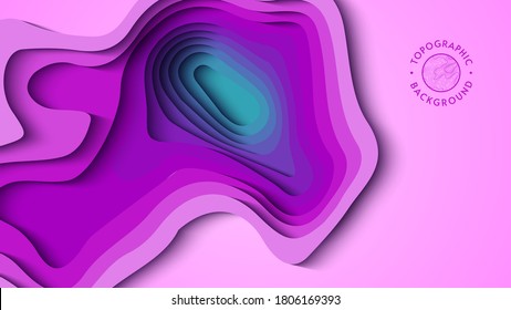 Fondo degradado de papercut azul púrpura. 3.º corte vectorial de arte. Onda de color de la artesanía de papel con forma fluida. Diseño de mapas topográficos con formas geométricas creativas de tallado. Forma líquida de agua o de mar.