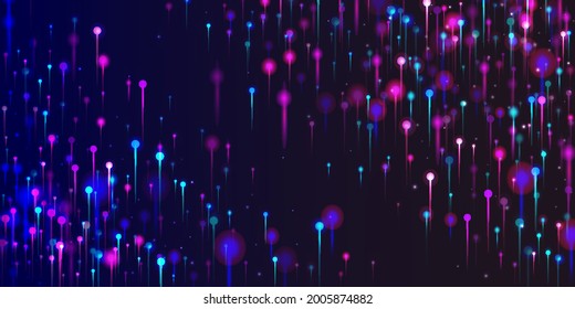 Purple Blue Pink Abstract Background. Big Data Artificial Intelligence Ethernet Futuristic Wallpaper. Network Scientific Banner. Bright Light Rays Particles. Social Science Fiber Optics Light Pins.