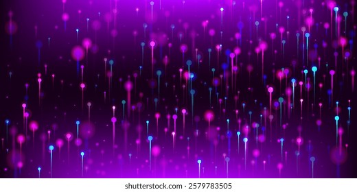 Purple Blue Pink Abstract Background. Network Technology Banner. Neon Light Glow Elements. Artificial Intelligence Big Data Ethernet Futuristic Wallpaper. Social Science Fiber Optics Light Pins.