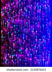 Purple Blue Pink Abstract Wallpaper. Bright Light Pins Particles. Network Technology Banner. Big Data Artificial Intelligence Internet Futuristic Background. Fiber Optics Social Science Light Pins.