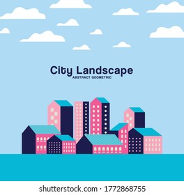 Purple blue and pink city buildings landscape with clouds design, Abstract geometric architecture and urban theme Vector illustration