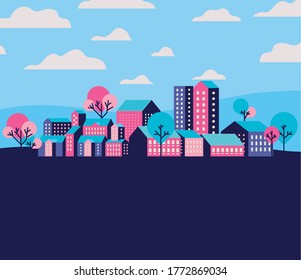 Purple blue and pink city buildings landscape with clouds and trees design, Abstract geometric architecture and urban theme Vector illustration