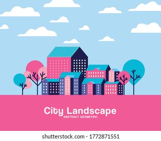 Purple blue and pink city buildings landscape with clouds and trees design, Abstract geometric architecture and urban theme Vector illustration