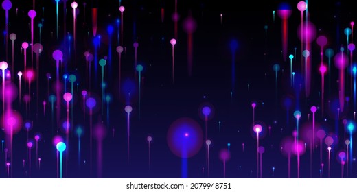 Purple Blue Pink Modern Background. Network Technology Banner. Artificial Intelligence Big Data Internet Futuristic Wallpaper. Neon Light Rays Particles. Fiber Optics Social Science Light Pins.