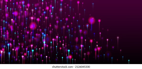 Purple Blue Pink Modern Background. Neon Light Nodes Particles. Network Scientific Banner. Artificial Intelligence Big Data Ethernet Futuristic Wallpaper. Fiber Optics Social Science Light Pins.