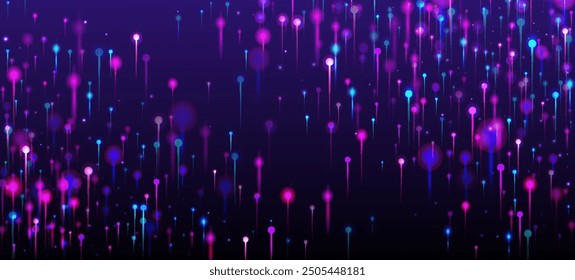 Purple Blue Pink Modern Background. Artificial Intelligence Big Data Internet Futuristic Wallpaper. Vivid Light Nodes Particles. Network Technology Banner. Social Science Fiber Optics Light Pins.