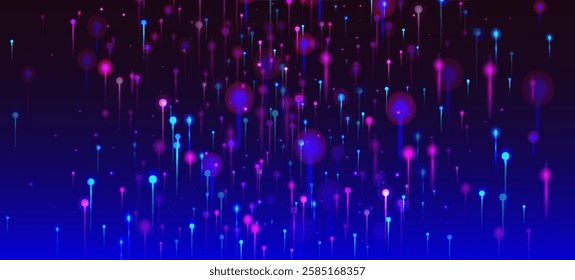 Purple Blue Pink Modern Background. Big Data Artificial Intelligence Ethernet Futuristic Wallpaper. Network Technology Banner. Vivid Light Nodes Particles. Fiber Optics Social Science Light Pins.