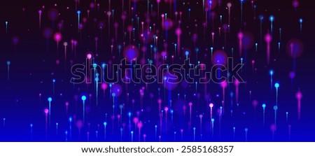 Purple Blue Pink Modern Background. Big Data Artificial Intelligence Ethernet Futuristic Wallpaper. Network Technology Banner. Vivid Light Nodes Particles. Fiber Optics Social Science Light Pins.