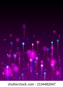 Purple Blue Pink Modern Wallpaper. Neon Light Pins Particles. Network Technology Banner. Big Data Artificial Intelligence Internet Futuristic Background. Fiber Optics Social Science Light Pins.