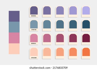 Purple blue pink orange color palette, pastel colors catalog, colour matching, rgb pantone colors, harmonious colours palette sample, design and edit idea, compatible color codes