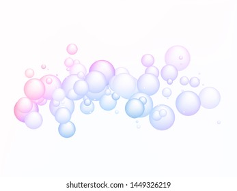 Purple blue pink soap bubbles vector illustration. Magic background for children party. Colorful soap bubbles with glares, highlights and gradients on white.
