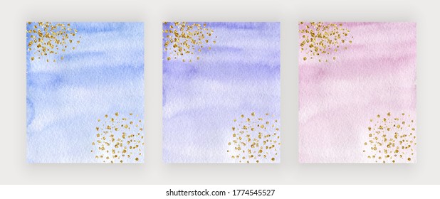 Purple, blue and pink watercolor cover design with gold glitter texture, confetti 