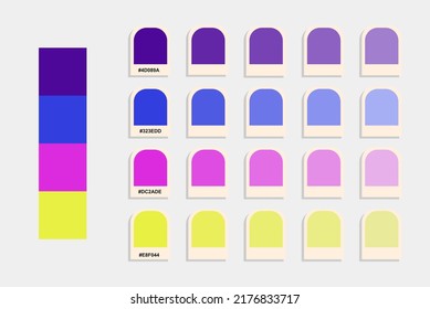 Purple blue pink yellow color palette, neon colors catalog, colour matching, rgb pantone colors, harmonious colours palette sample, design and edit idea, compatible color codes