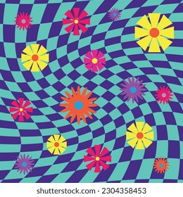 Purple blue psychedelic squares geometric pattern with flowers. Optical illusion background 60s