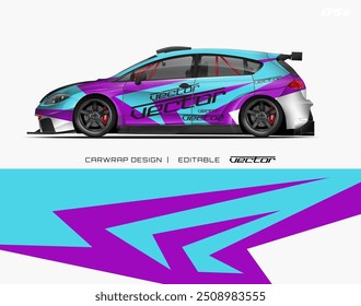 Modelo de design de envoltório de carro de corrida roxo e azul adequado para personalizar veículos. Ótimo para entusiastas de carros esportivos e empresas de personalização de automóveis.