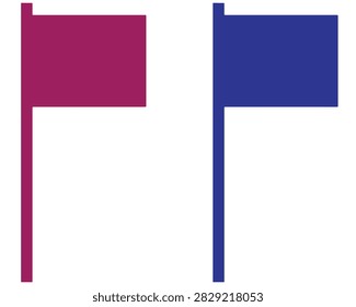 Purple and blue rectangular flags on poles vector graphic design with location direction destination navigation minimalist isolated background colorful silhouette communication identity