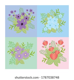 purple blue and red flowers with leaves design, natural floral nature plant ornament garden decoration and botany theme Vector illustration