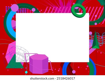Purple, Blue, Red and Green geometrical graphic retro theme background with place for text. Minimal geometric elements frame. Vintage abstract shapes vector illustration for advertising.