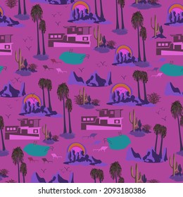 Purple Blue Retro Palm Spring mid-century pattern. California architecture, nature, palm trees, hills, plants, swimming pool. Vector Seamless Pattern.