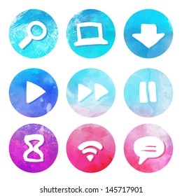 Purple and blue set of round watercolor icons, vector illustrations