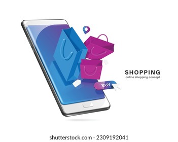 purple, blue, shopping bag and buy icon floating on smartphone screen ,vector 3d isolated on white background for e commerce, delivery and online shopping concept design ,vector for advertising design