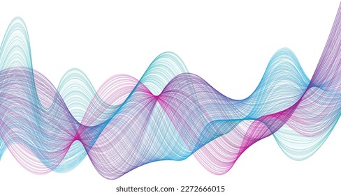 Purple blue sound wave vector illustration.  Abstract shiny color blue wave design element on white background. Science or technology design. Dark background with cyan blue sea green curves