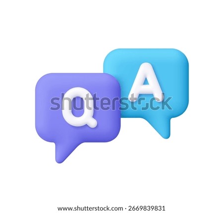 Purple and blue speech bubbles with letters Q and A, question and answer. Communication, support, FAQ, help desks concept. 3d vector icon. Cartoon minimal style.
