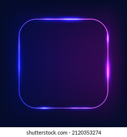 Purple blue square noen frame with rounded corners. Vector empty border tor text. Illuminated glowing neon frame night club sign. Thin shining line border, led flare text box. Cyber style design.