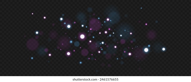 Purple and blue swirl of lights bokeh isolated on a transparent dark background. The light is made up of many small bright dots. Vector illustration. EPS 10.