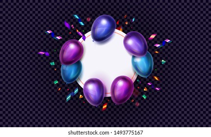 Purple, Blue And Violet Balloons, Round Frame. Birthday Party, New Year, Black Friday Sale Banner. Vector Illustration. Decorations - Glossy Balloons, Confetti, Streamers. Isolated Design Elements.