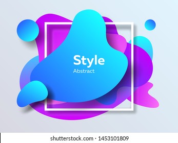 Purple, blue and violet flowing graphic elements. Dynamical colored form and line. Abstract banner with irregular shapes and square frame. Template for logo, flyer, presentation design. Vector