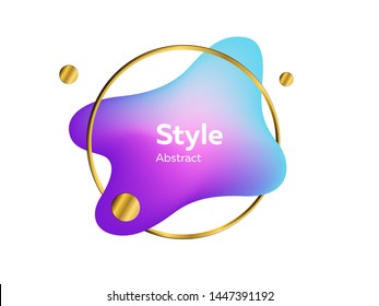 Purple, blue and violet liquid blob with gold ring and circles. Abstract flowing shape, round form, gradient color. Vector illustration for poster, label, logo, cover design