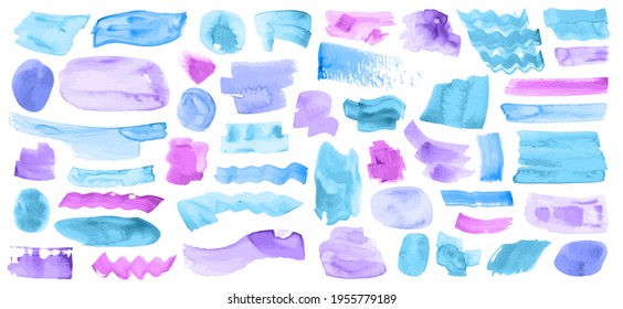 Purple blue watercolor paint brush stroke design elements isolated. Artistic sale sticker backgrounds. Blue turquoise purple paintbrush strokes grunge blots. Watercolor brush hand painted backgrounds