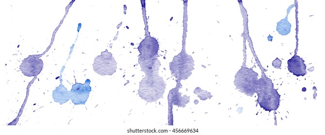 Purple and blue watercolor splashes and blots on white background. Ink painting. Hand drawn illustration. Abstract artwork. 