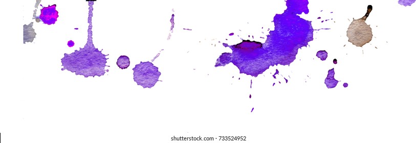 Purple blue watercolor splashes and blots on white background. Ink painting. Hand drawn illustration. Abstract watercolor artwork. 