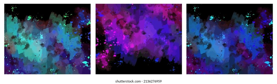 Purple and blue watercolor stains and splashes against a black background. Set of vector watercolor textures.