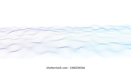 Purple and Blue Wavy Particle Surface on White Background. Technology or Science Banner. Particles with DOF Effect. EPS10 Vector Illustration.