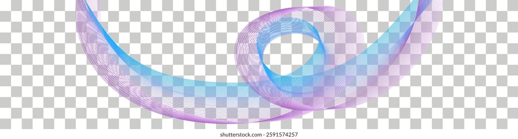Purple and blue wavy swirl, dynamic twisted lines, air wind veil, smooth color  flow, Isolated border design element on transparent background. Vector illustration